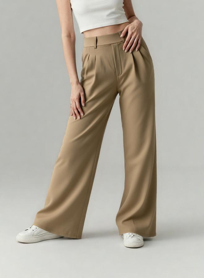 Take Two Beige Wide Leg Trousers with Belt Loops - Image 1