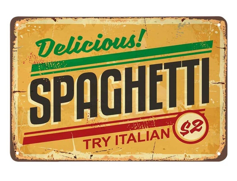 AOYEGO Spaghetti Tin Sign,Try Italian Delicious Food Restaurant Vintage Metal Tin Signs for Cafes Bars Pubs Shop Wall Decorative Funny Retro Signs for Men Women 8x12 Inch - Image 1