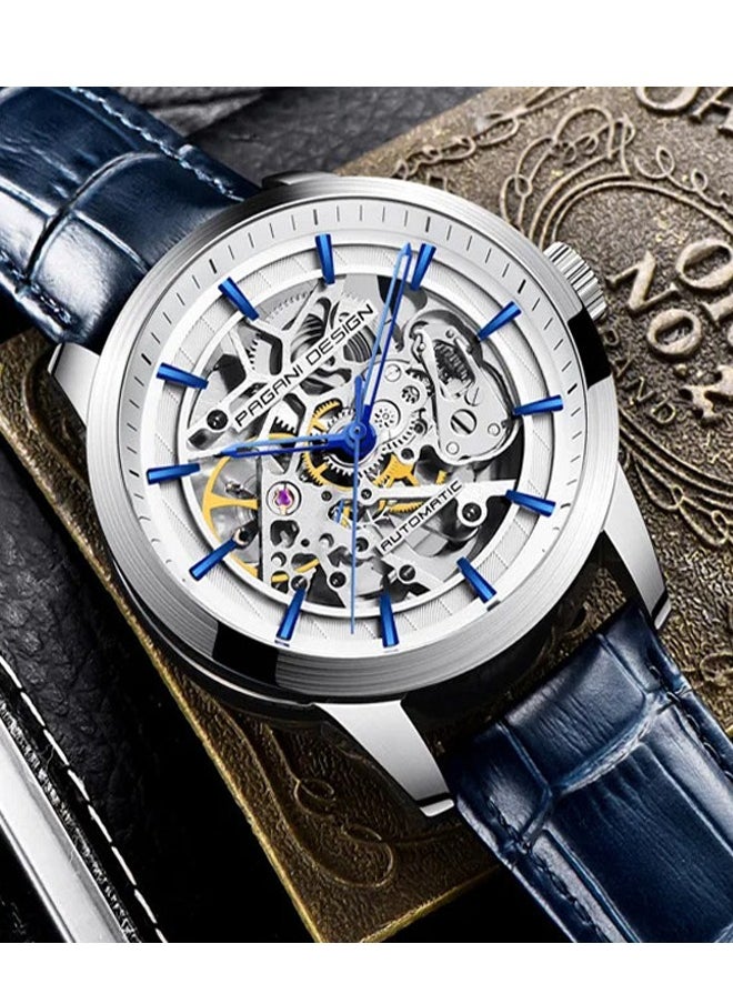 PAGANI DESIGN Men's Business Mechanical Automatic Watches, High-Quality Movement, 43MM Metal Frame, Luxurious Blue And White Hollow Head, With Dark Blue Leather Strap PD1639  - Image 2