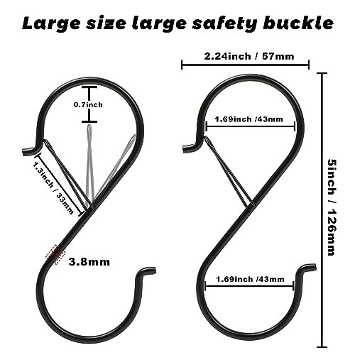 Ansxiy 6 Pack 5 Inch S Hooks for Hanging, Heavy Duty S Hooks with Safety Buckle, S Shape Hooks for Hanging Kitchen Utensils, Pots and Pans, Cups, Plants, Clothes and Bags, Black - Image 2