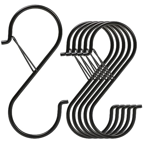 Ansxiy 6 Pack 5 Inch S Hooks for Hanging, Heavy Duty S Hooks with Safety Buckle, S Shape Hooks for Hanging Kitchen Utensils, Pots and Pans, Cups, Plants, Clothes and Bags, Black - Image 1