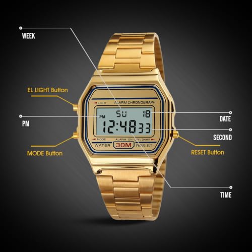 VIGOROSO Men Lady Vintage Retro Gold Stainless Steel Digital Casual Watch Alarm Stopwatch(Gold) - Image 5