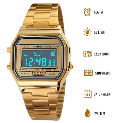 VIGOROSO Men Lady Vintage Retro Gold Stainless Steel Digital Casual Watch Alarm Stopwatch(Gold) - Image 3