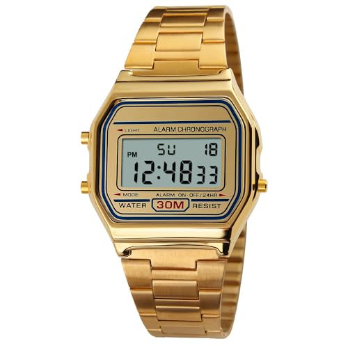 VIGOROSO Men Lady Vintage Retro Gold Stainless Steel Digital Casual Watch Alarm Stopwatch(Gold) - Image 1