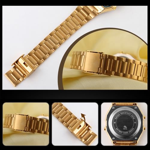 VIGOROSO Men Lady Vintage Retro Gold Stainless Steel Digital Casual Watch Alarm Stopwatch(Gold) - Image 4