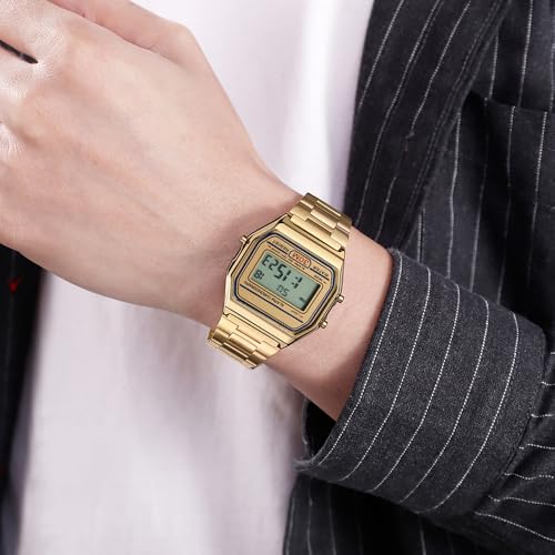 VIGOROSO Men Lady Vintage Retro Gold Stainless Steel Digital Casual Watch Alarm Stopwatch(Gold) - Image 2