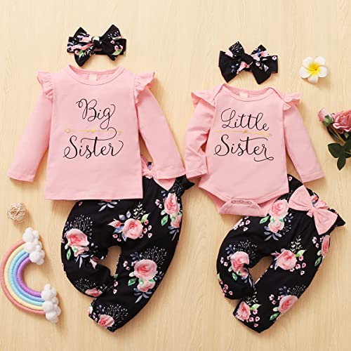 AMAWMW Sister Matching Outfits Pink Ruffle Long Sleeve Shirt Flowers Pants with Headband 3Pcs Clothes Set(0-3 Months, Little Sister, Pink-2) - Image 4