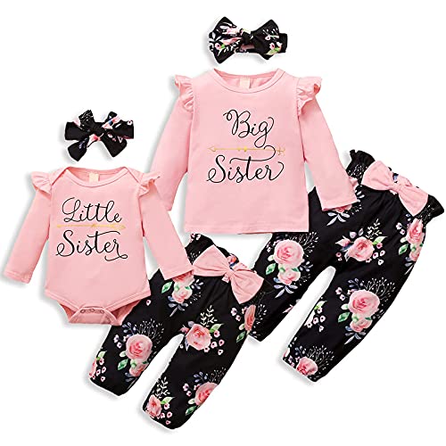 AMAWMW Sister Matching Outfits Pink Ruffle Long Sleeve Shirt Flowers Pants with Headband 3Pcs Clothes Set(0-3 Months, Little Sister, Pink-2) - Image 1