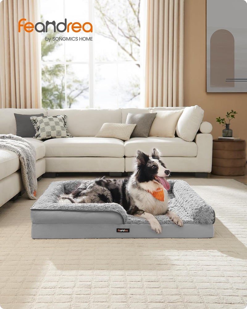 Dog Bed, Pet Bed, Orthopaedic Dog Sofa Bed with Egg Crate Foam, Raised Edges, Removable Washable Cover with Rose Pattern, 106 x 81 x 18 cm, Dove Grey PGW253G01 - Image 2