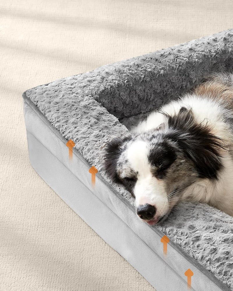 Dog Bed, Pet Bed, Orthopaedic Dog Sofa Bed with Egg Crate Foam, Raised Edges, Removable Washable Cover with Rose Pattern, 106 x 81 x 18 cm, Dove Grey PGW253G01 - Image 4