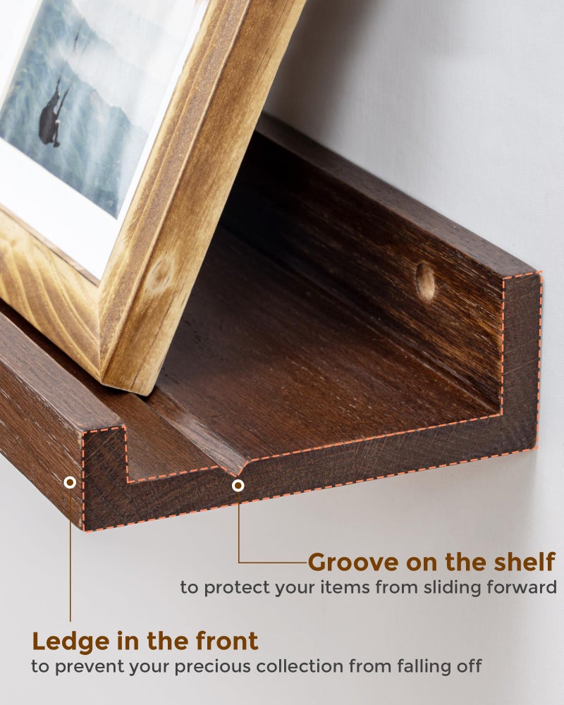 Axeman Oak Picture Ledge Shelf, 36 Inch Floating Shelves Set of 2, Solid Oak Wood Wall Shelves with Lip, Wall Decor Storage for Bedroom Living Room Bathroom Kitchen Nursery Photo Picture, Walnut - Image 3