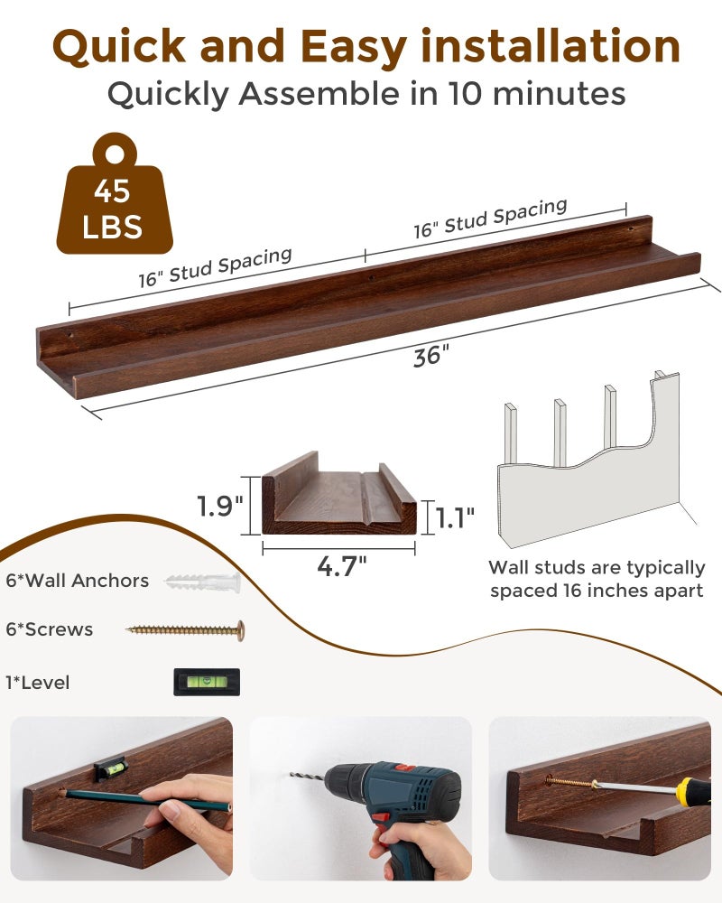 Axeman Oak Picture Ledge Shelf, 36 Inch Floating Shelves Set of 2, Solid Oak Wood Wall Shelves with Lip, Wall Decor Storage for Bedroom Living Room Bathroom Kitchen Nursery Photo Picture, Walnut - Image 4