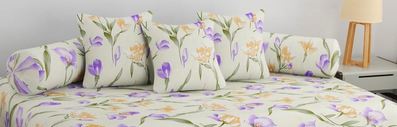 SHOMES Pure Soft Cotton Printed Diwan Set Covers 6 Pieces - 1 Single Bed Sheet (60 X 90) with 3 Cushion (16 X 16), 2 Bolster Covers (16 X 32) - (Cream, Medium) - Image 2