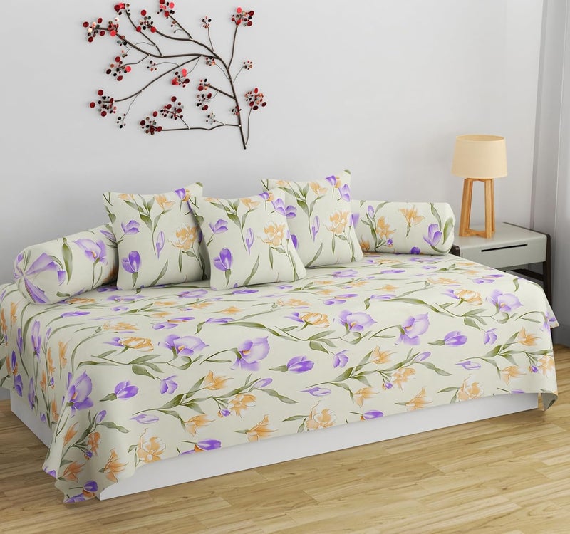 SHOMES Pure Soft Cotton Printed Diwan Set Covers 6 Pieces - 1 Single Bed Sheet (60 X 90) with 3 Cushion (16 X 16), 2 Bolster Covers (16 X 32) - (Cream, Medium) - Image 1