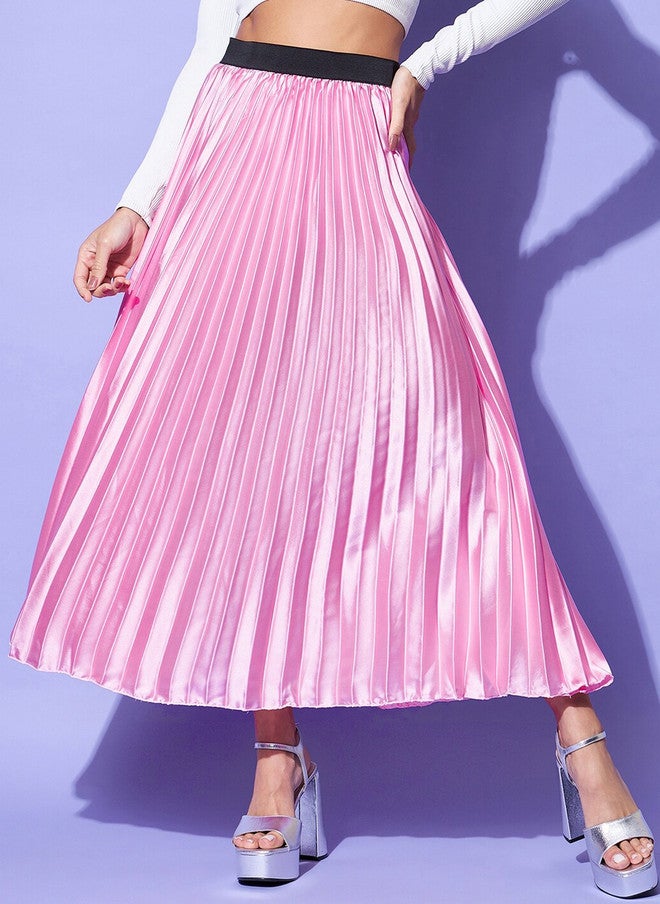 StyleStone Pink Satin Accordion Pleated Flared Maxi Skirt - Image 1