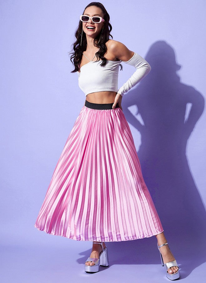 StyleStone Pink Satin Accordion Pleated Flared Maxi Skirt - Image 5