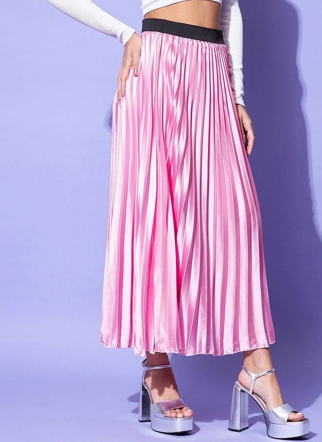 StyleStone Pink Satin Accordion Pleated Flared Maxi Skirt - Image 2