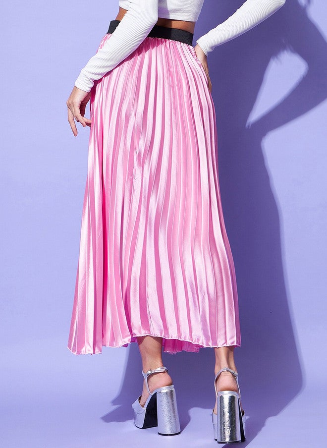 StyleStone Pink Satin Accordion Pleated Flared Maxi Skirt - Image 4