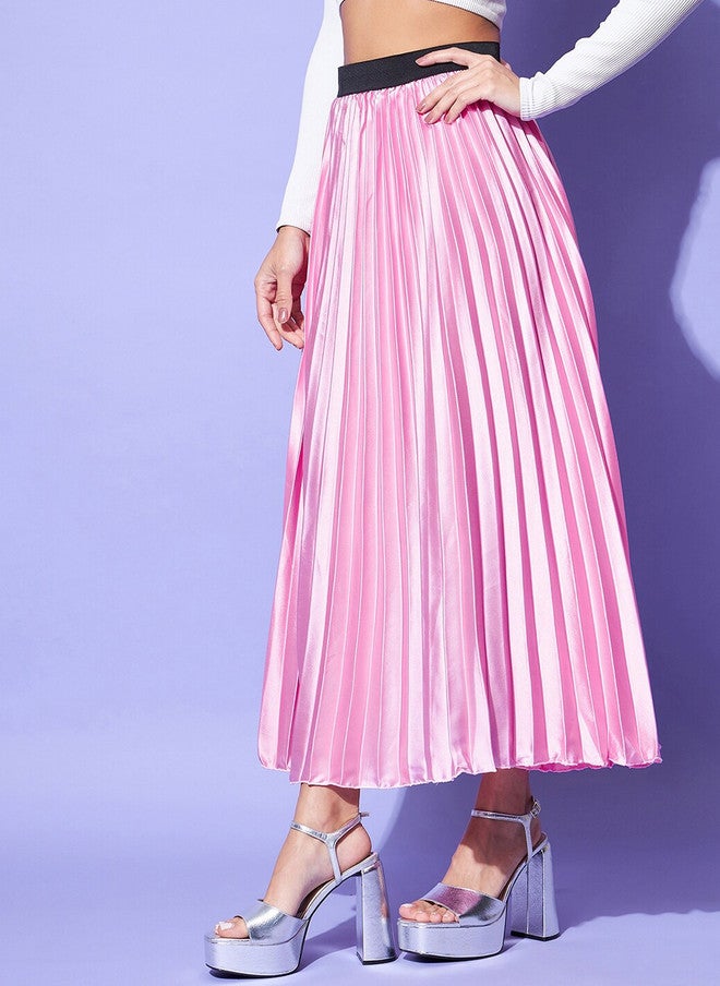 StyleStone Pink Satin Accordion Pleated Flared Maxi Skirt - Image 3
