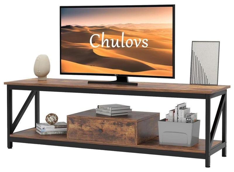 تشولوفز حامل تلفزيون عصري لتلفزيون مقاس 60 بوصة مع أرفف تخزين، مع مركز ترفيهي للتلفزيون بعرض درج، طاولة تلفزيون خشبية بإطار معدني مناسبة لغرفة المعيشة - Image 1
