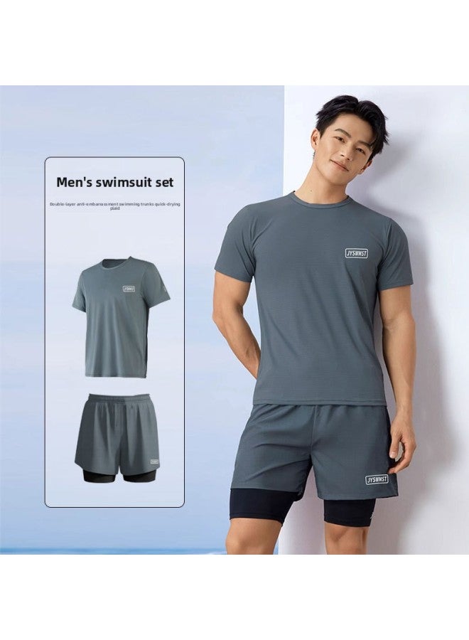 Generic Swimwear Men's Suit Teenager Adult Large Size Double Layer Swimming Trunks Short Sleeve Top Men's Training Clothing Swimwear-Color:80859 Gray Double-layer Swimming Trunks Suit- - Image 1
