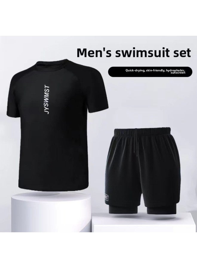 Generic Swimwear Men's Suit Teenager Adult Large Size Double Layer Swimming Trunks Short Sleeve Top Men's Training Clothing Swimwear-Color:80859 Gray Double-layer Swimming Trunks Suit- - Image 2