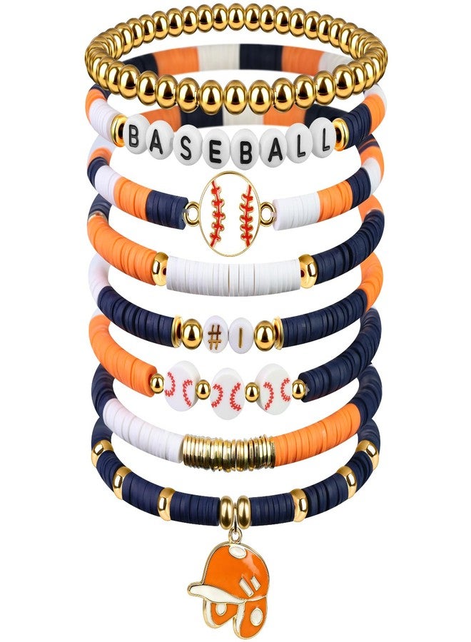 AKAIXI Baseball Clay Beaded Stretch Bracelets, Game Day Friendship Baseball Sport Fan Bracelet for for Sports Game Team Coach Mom Women Men Jewelry Accessories Gifts (Orange Blue and White) - Image 1