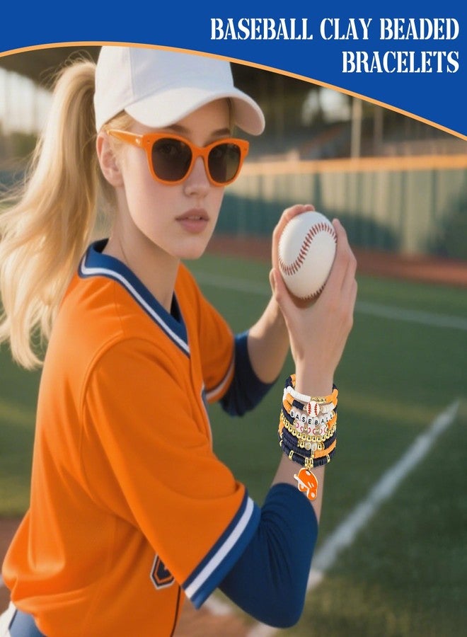 AKAIXI Baseball Clay Beaded Stretch Bracelets, Game Day Friendship Baseball Sport Fan Bracelet for for Sports Game Team Coach Mom Women Men Jewelry Accessories Gifts (Orange Blue and White) - Image 2
