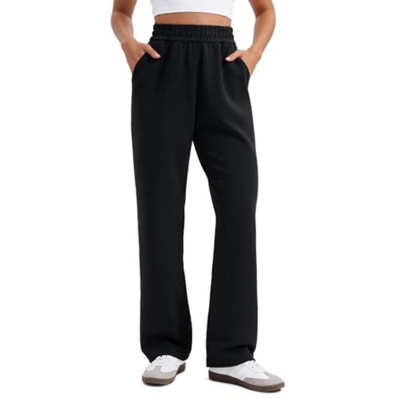 Lounge and travel sweatpants for women, modal fabric, black, ultra-soft wide-leg high-waisted design with pockets and drawstring - Image 1
