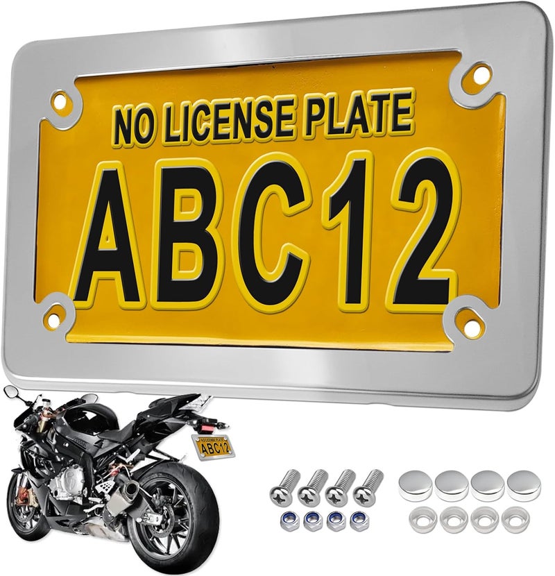 BGGTMO Motorcycle License Plate Frame, Chrome Stainless Steel Tag Holder for Bike Moto Moped Motorbike Scooter, Cool Silver Metal Bracket with Screws Nuts Caps, 1 Pack - Image 1