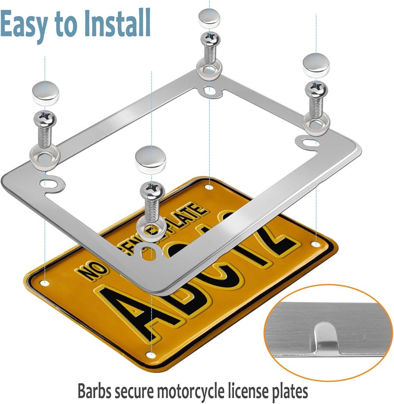 BGGTMO Motorcycle License Plate Frame, Chrome Stainless Steel Tag Holder for Bike Moto Moped Motorbike Scooter, Cool Silver Metal Bracket with Screws Nuts Caps, 1 Pack - Image 5