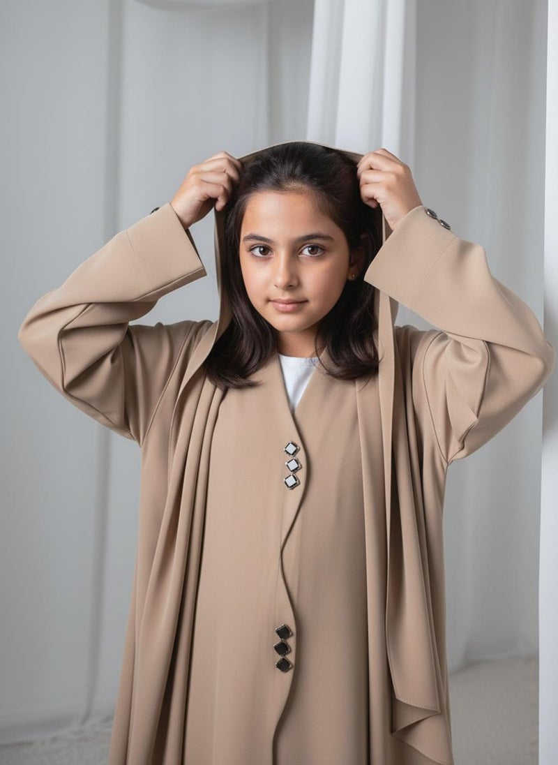 MSquare Fashion Kids Abaya With Sheila I Elegant Beige Barbie Crepe Modest Wear for Girls - Image 2