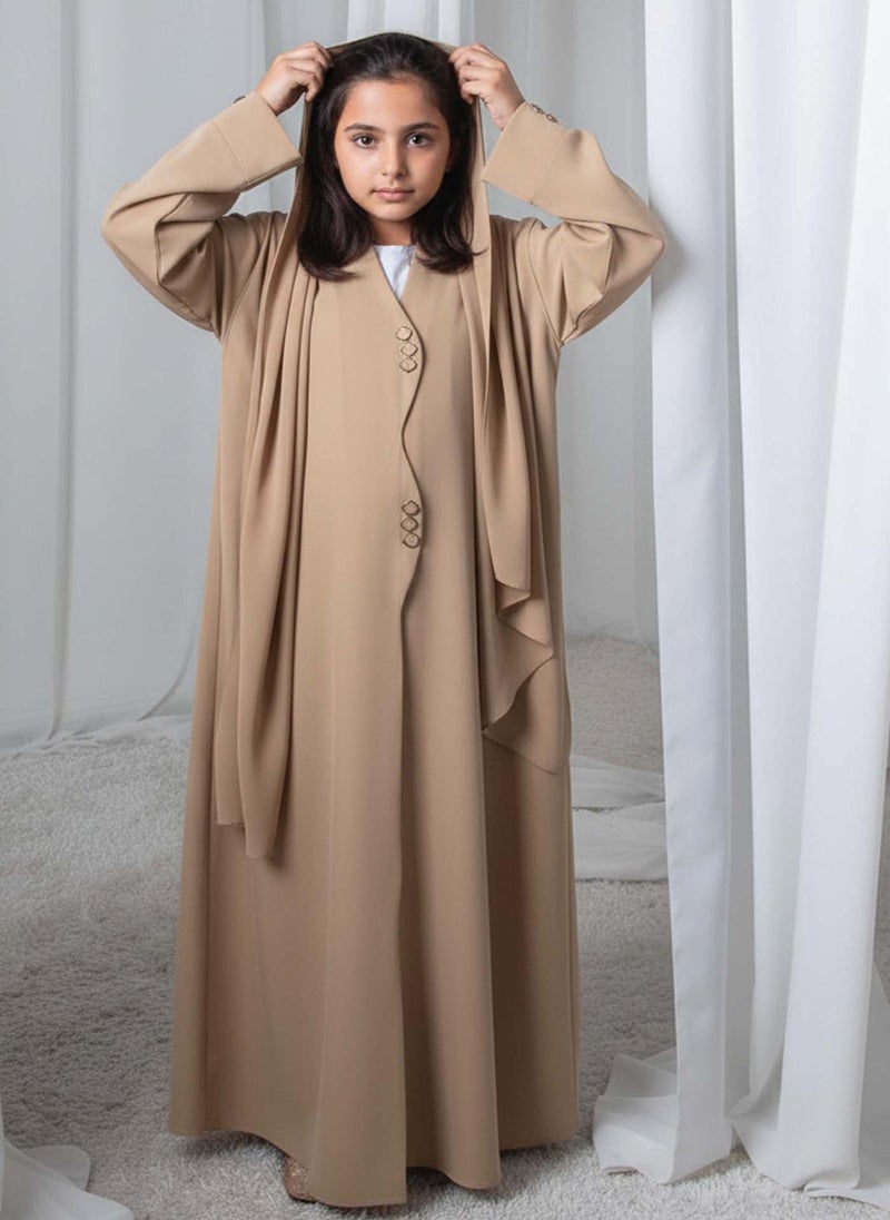 MSquare Fashion Kids Abaya With Sheila I Elegant Beige Barbie Crepe Modest Wear for Girls - Image 1