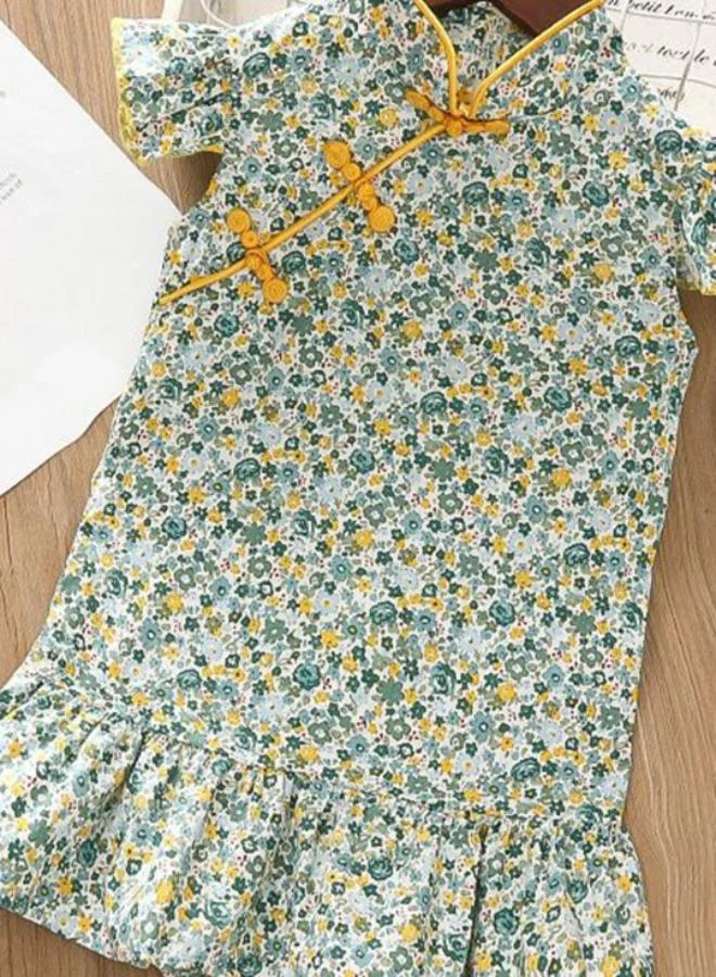 يونيكي Green A-Line V Neck Floral Dress