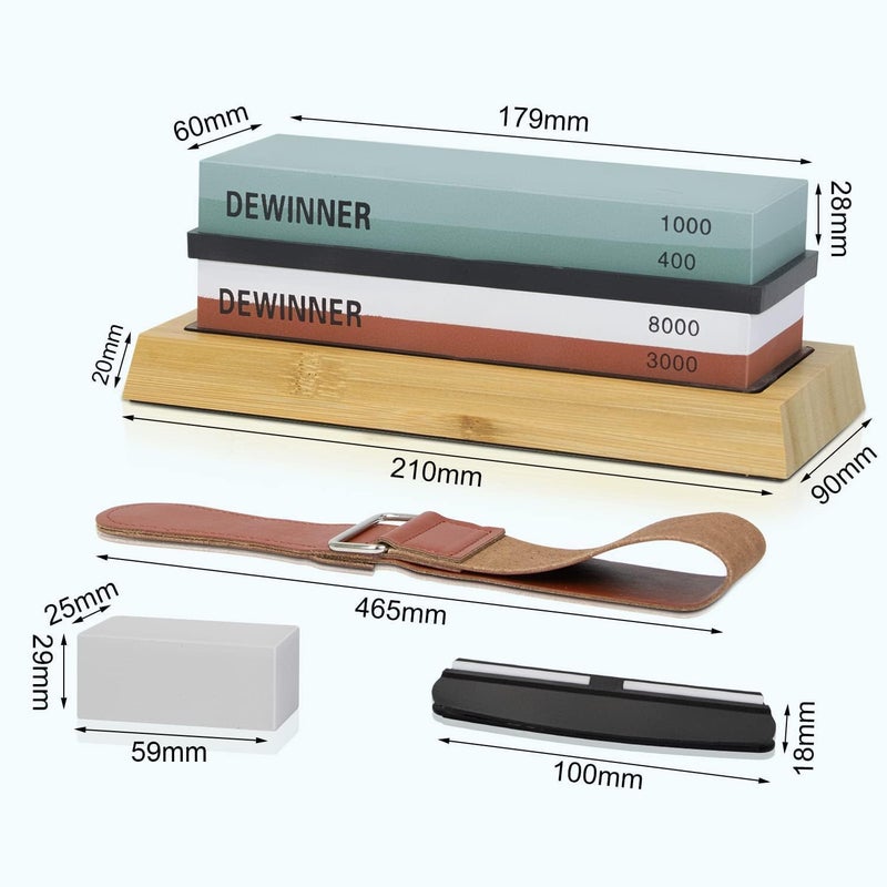 DEWINNER Knife Sharpening Stone, Whetstone Includes 4 Side Grit 400/1000 3000/8000, Non-Slip Bamboo Base, Angle Guide, Polishing Compound, Leather Strop, Flattening Whetstone Sharpening Kit - Image 3
