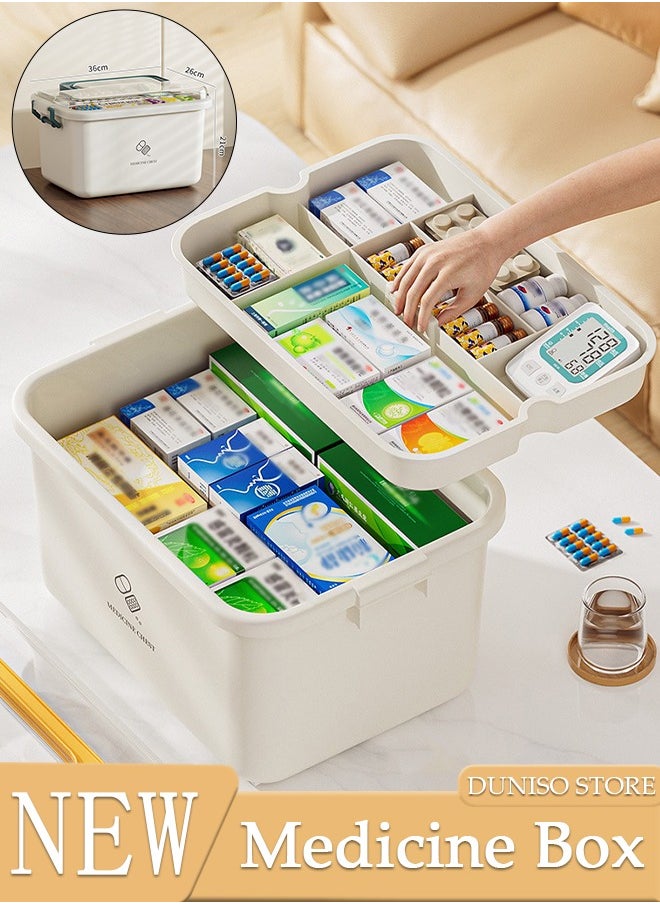 DUNISO Medicine Box Plastic Medicine Storage Box Family Emergency Kit Medical Kit 2 Layers Home First Aid Box Child Proof Medicine Box Organizer Pill Case with Compartments and Handle  - Image 1