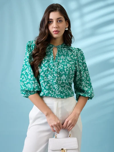 globus Women Green Tie-Up Neck Puff Sleeves Floral Print Curved Hem Top