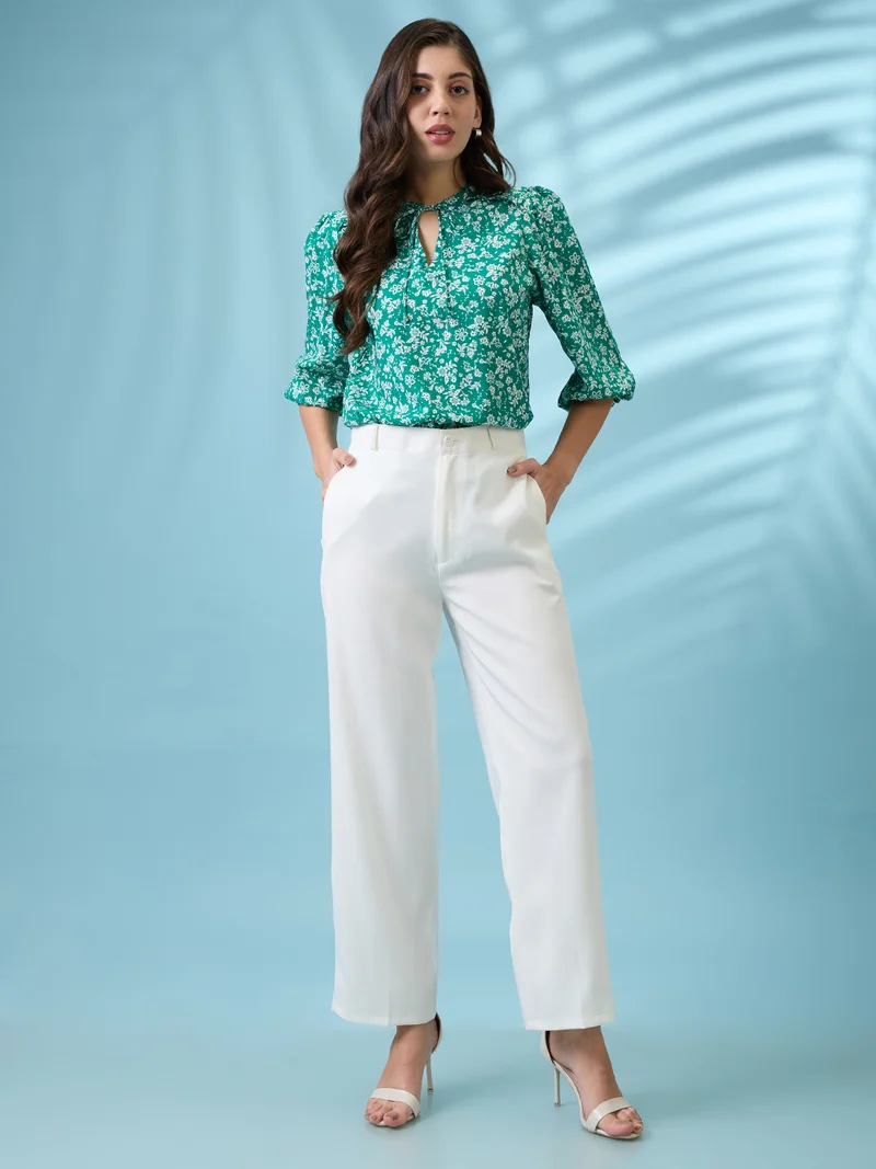 globus Women Green Tie-Up Neck Puff Sleeves Floral Print Curved Hem Top