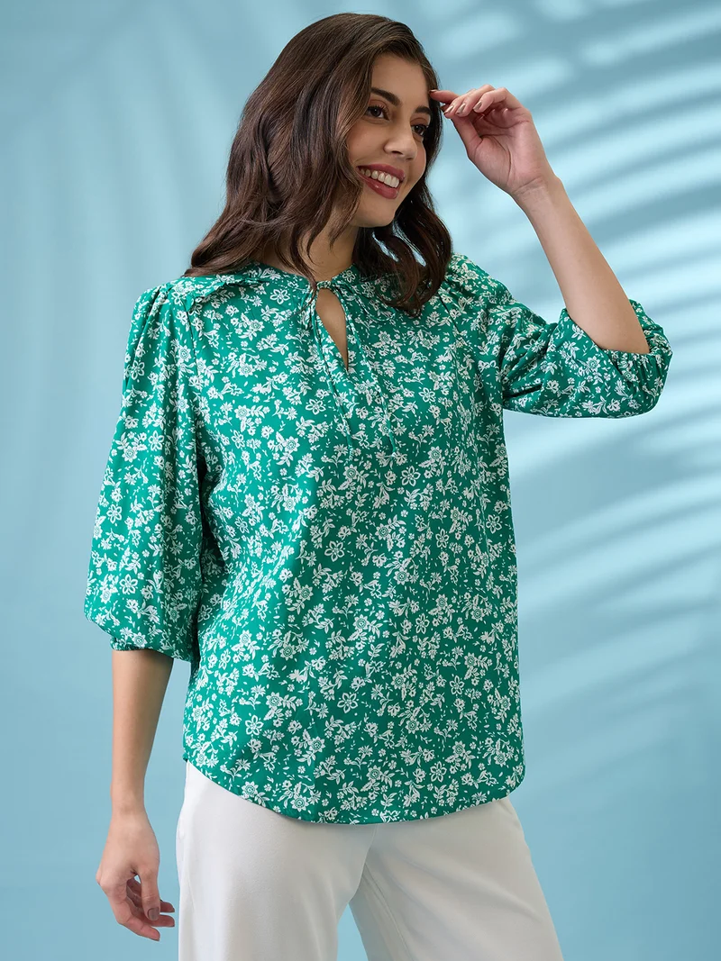 globus Women Green Tie-Up Neck Puff Sleeves Floral Print Curved Hem Top