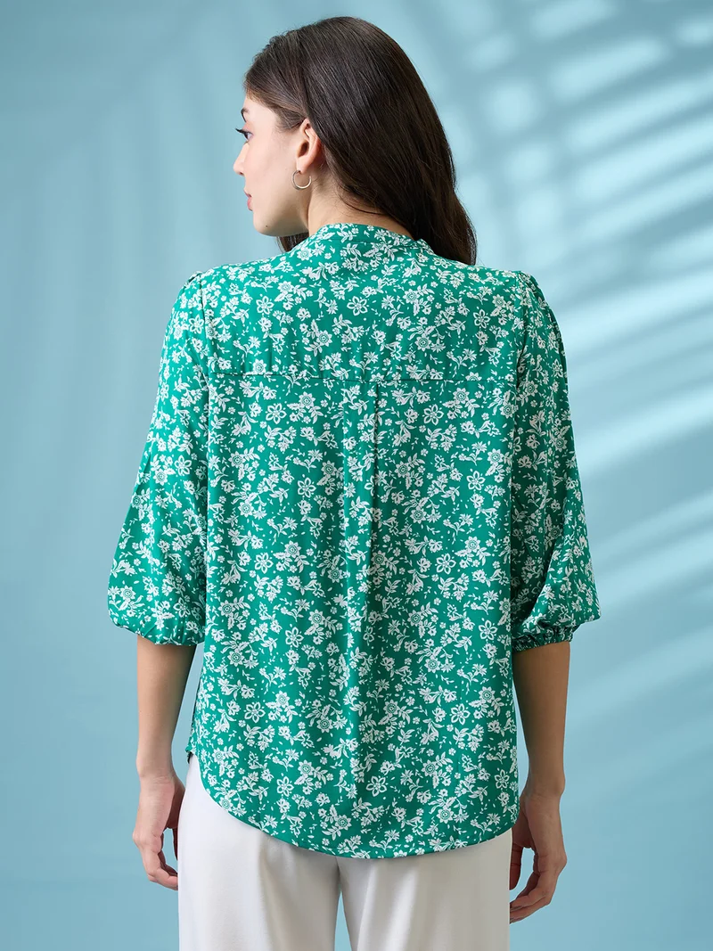 globus Women Green Tie-Up Neck Puff Sleeves Floral Print Curved Hem Top