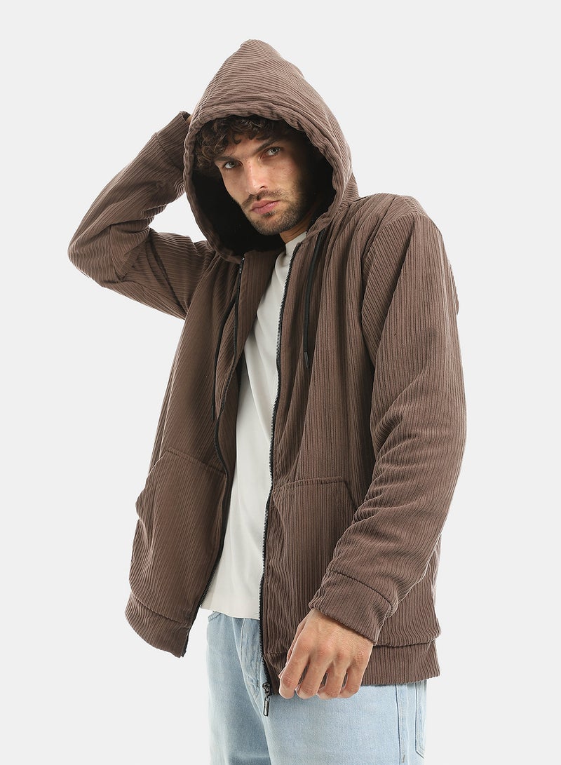Andora Brown Zipped Velvet Lightweight Jacket_Brown - Image 2