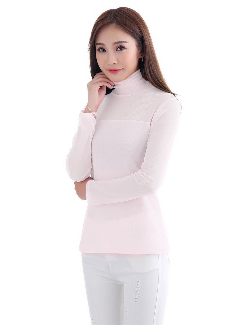 Lady's Long Sleeve Turtleneck Net Udershirt Slim-Fit Base Layer Shirt Ivory