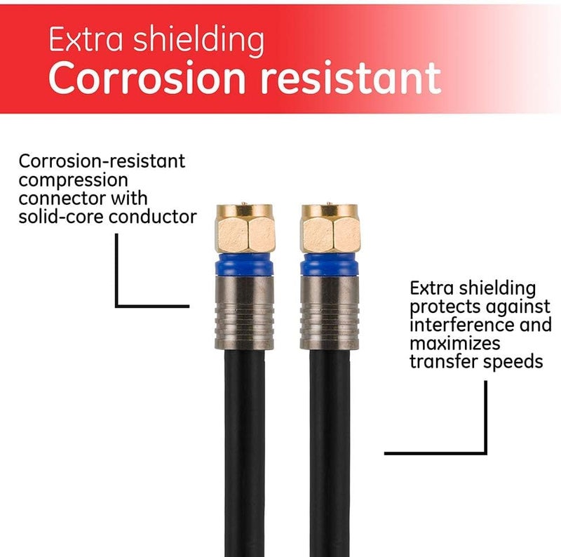 GE RG6 Coaxial Cable, 25 ft. F-Type Connectors, Quad Shielded Coax Cable, 3 GHz Digital, In-Wall Rated, Ideal for TV Antenna, DVR, VCR, Satellite, Cable Box, Home Theater, Black, 33531 - Image 5