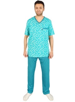 Jet Men Summer Pajama Set Printed Top & Plain Bottom -Blue  - Image 1