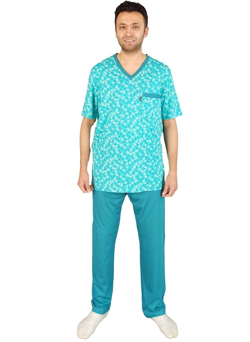 Jet - Men Summer Pajama Set Printed Top & Plain Bottom -Blue - Image 1