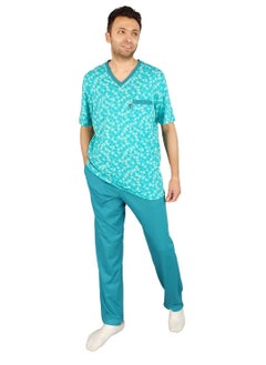 Jet Men Summer Pajama Set Printed Top & Plain Bottom -Blue  - Image 2