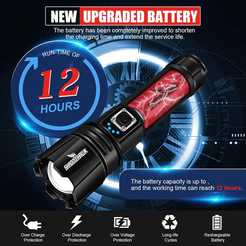 Shadowhawk Flash Light Led Torch 20000 Lumens Flashlight Bright Light Torch XHP702 Hand Torch Light Rechargeable USB Tactical Waterproof Portable Torch Light for Trekking Hunting Emergency - Image 4