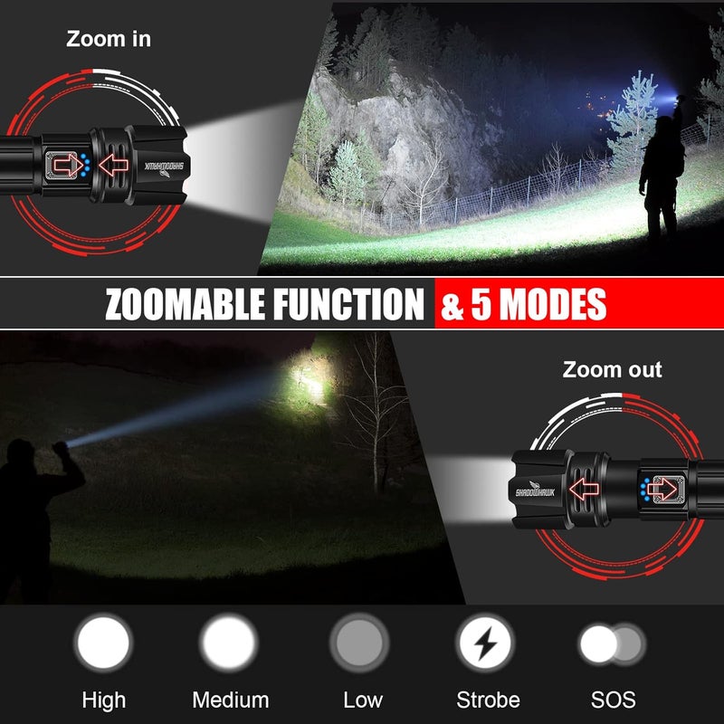 Shadowhawk Flash Light Led Torch 20000 Lumens Flashlight Bright Light Torch XHP702 Hand Torch Light Rechargeable USB Tactical Waterproof Portable Torch Light for Trekking Hunting Emergency - Image 3