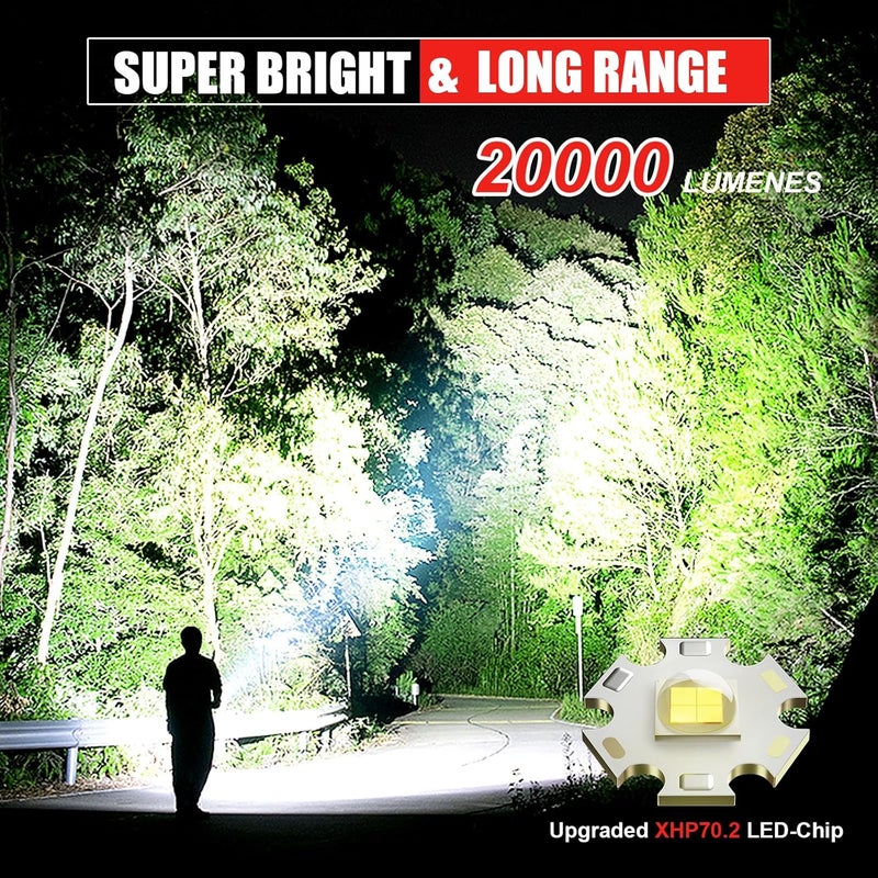 Shadowhawk Flash Light Led Torch 20000 Lumens Flashlight Bright Light Torch XHP702 Hand Torch Light Rechargeable USB Tactical Waterproof Portable Torch Light for Trekking Hunting Emergency - Image 2