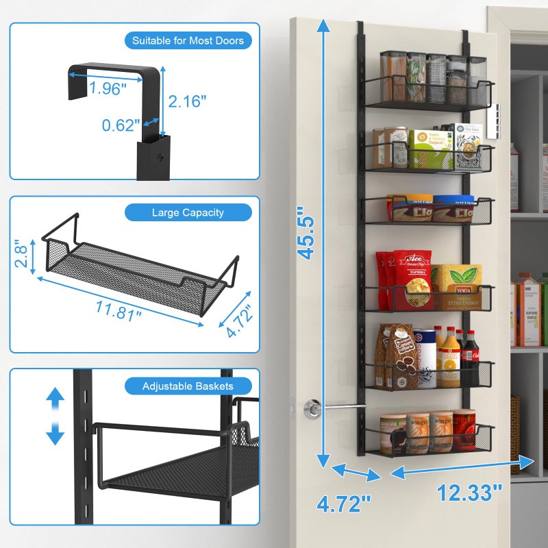 VyGrow 12.3" W Narrow Over the Door Pantry Organizer, 6-Tier Over the Door Organizer with Adjustable Basket, Pantry Door Organization for Pantry Kitchen Storage Room Spice Rack, Black - Image 3